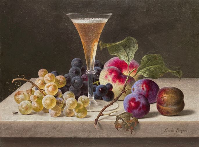 Emilie Preyer - Still life with grapes, peach, plums and a Champagne flute | MasterArt